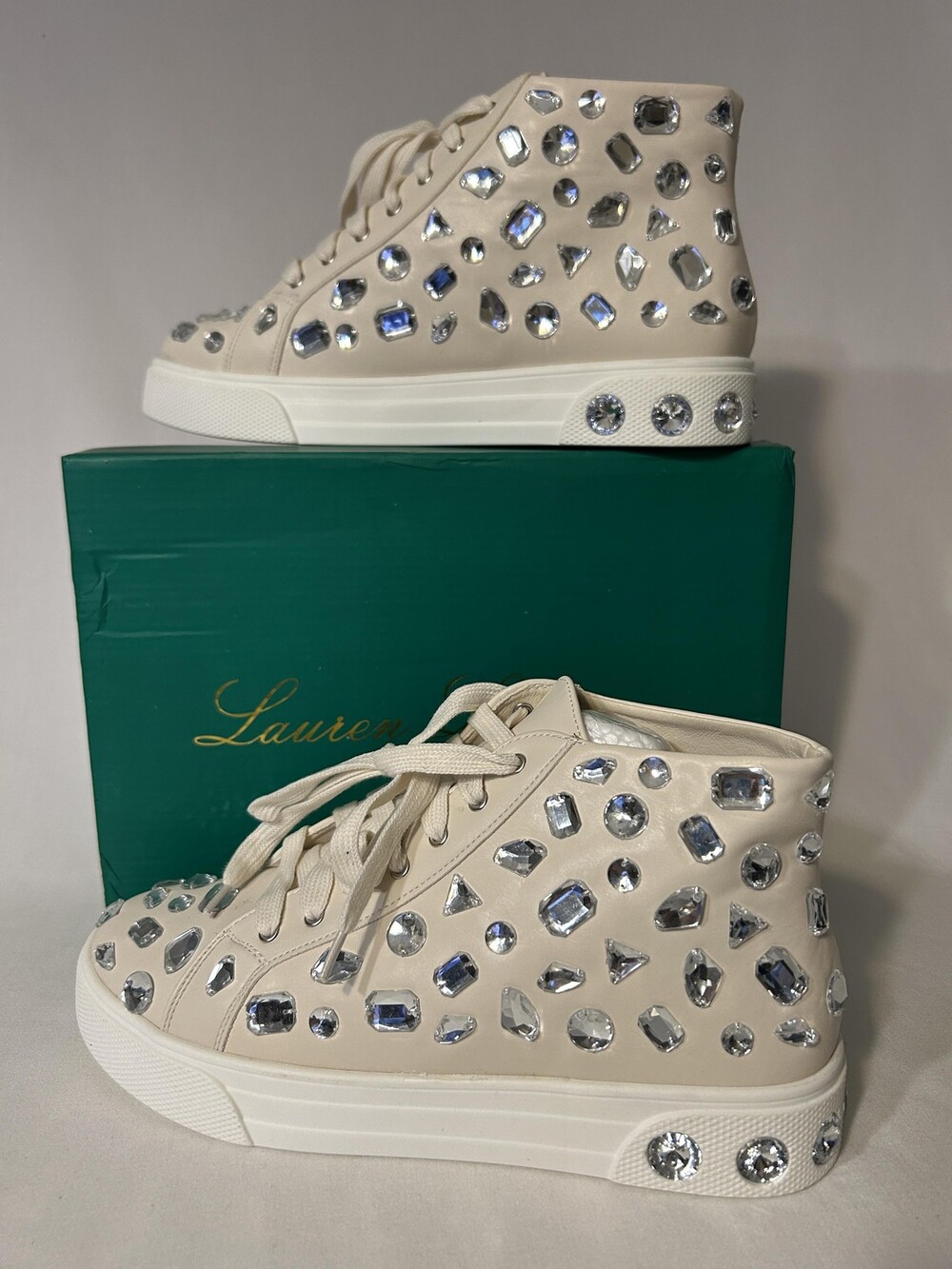 Lauren Lorraine High Top Sneakers Size 9.5 Ivory Hilina Rhinestone